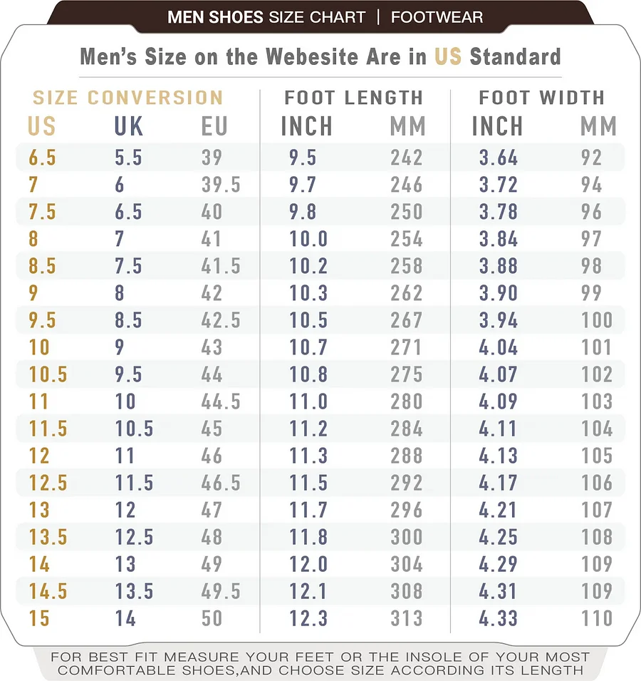 Men's Shoes Size Chart & Guide